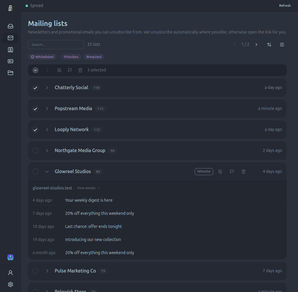 Paperweight mailing lists dashboard showing senders and unsubscribe options