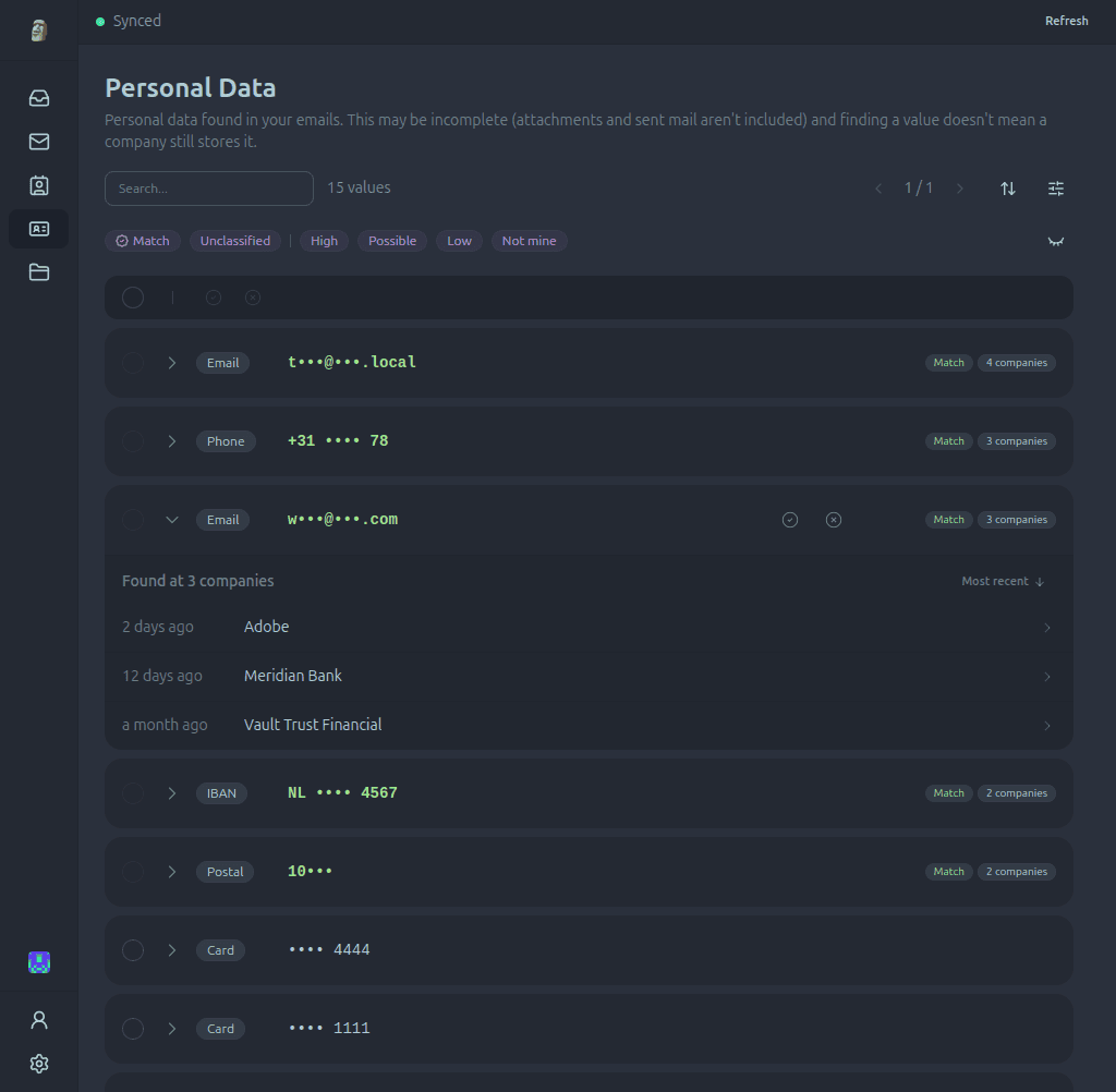 Paperweight personal data detection view showing detected PII and confidence levels